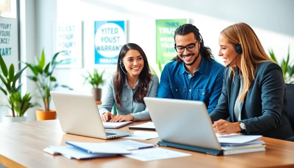 Illustration of customer service representatives discussing extended warranty solutions in a modern office.