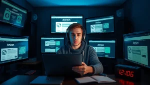 Deep web explorer researching the hidden wiki on multiple screens in a dimly lit room.
