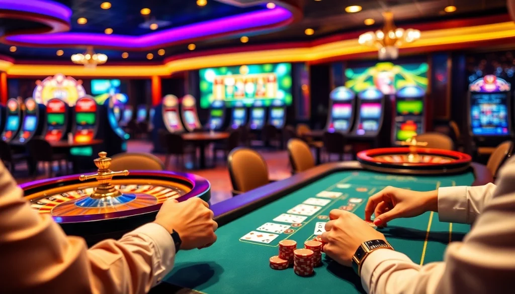 Experience i5bet's thrilling casino environment with players enjoying poker and roulette.