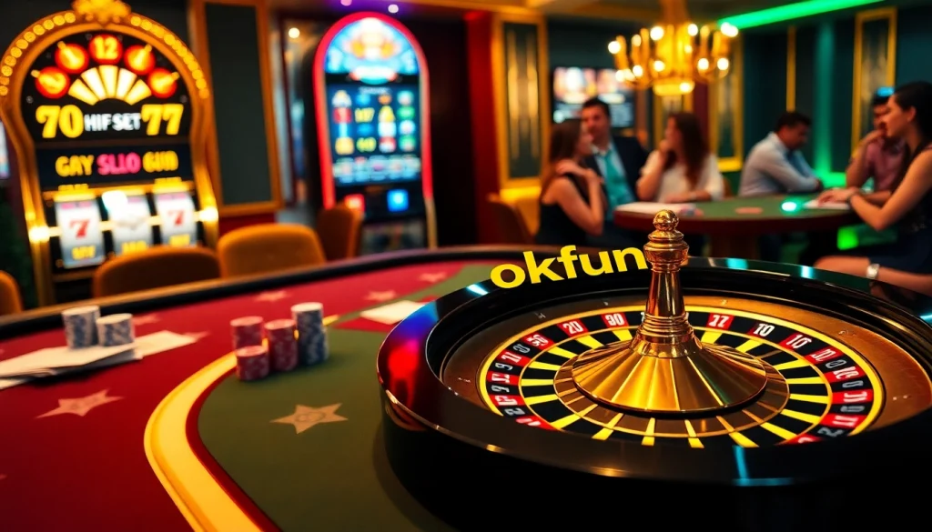 A thrilling gambling scene showcasing a luxurious casino with elements like poker and slot games promoting https://okfun.uk.net/.