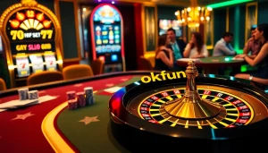 A thrilling gambling scene showcasing a luxurious casino with elements like poker and slot games promoting https://okfun.uk.net/.