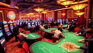 Exciting gameplay at SODO66 casino with vibrant poker tables and slot machines.