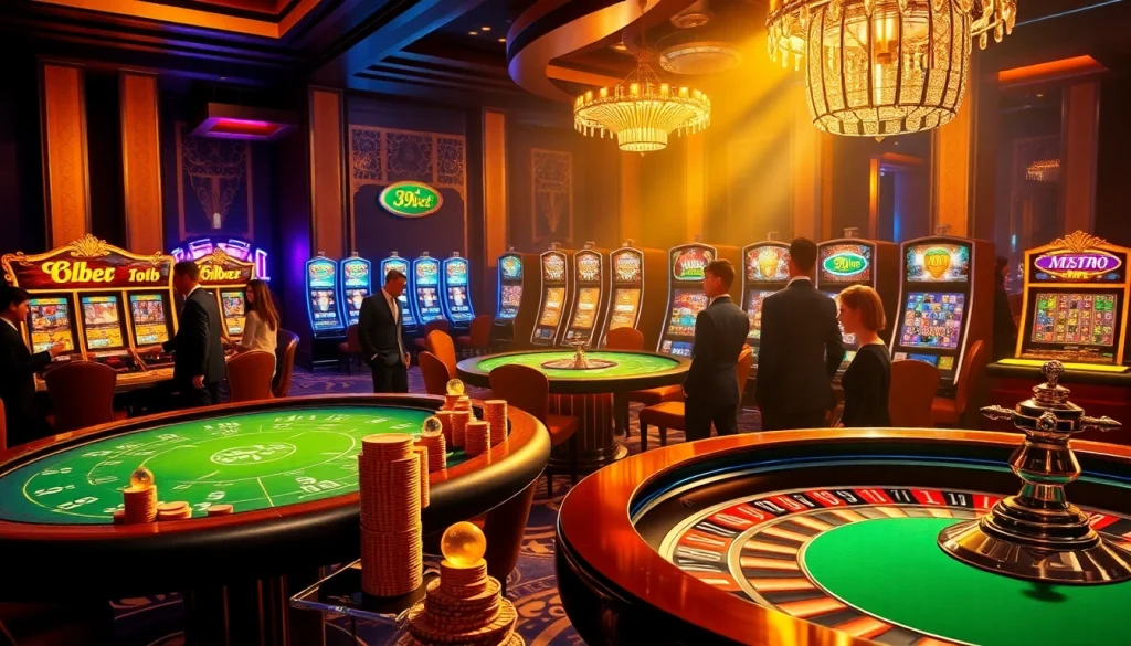 Exciting gambling atmosphere at 39bet casino featuring roulette wheel, poker chips, and slot machines.