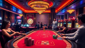 Players enjoying thrilling TK88 games at an upscale casino with vibrant tables and slot machines.