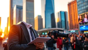 Usa Today reporter capturing news in a vibrant cityscape at sunset.
