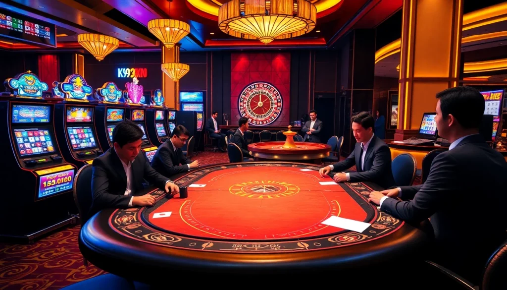K9K9 Casino featuring an engaging poker game and vibrant slot machines in a luxurious setting.