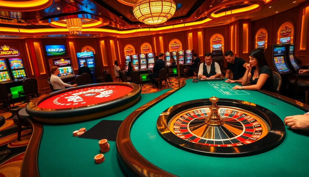 Engaging gameplay at Kingfun casino with poker tables, roulette, and vibrant atmosphere.