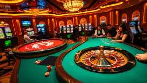 Engaging gameplay at Kingfun casino with poker tables, roulette, and vibrant atmosphere.