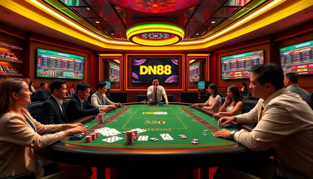 Engaging scene with app dn88 interface, vibrant casino table, and players enjoying gambling.