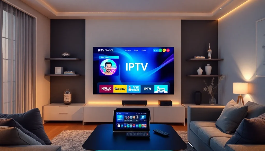 IPTV France interface displayed on a modern TV in a stylish living room setting.