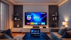 IPTV France interface displayed on a modern TV in a stylish living room setting.