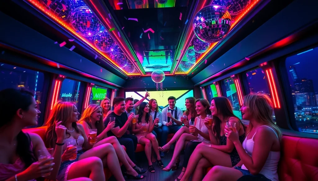Exciting interior of a Party Bus UK with LED lights and guests celebrating.