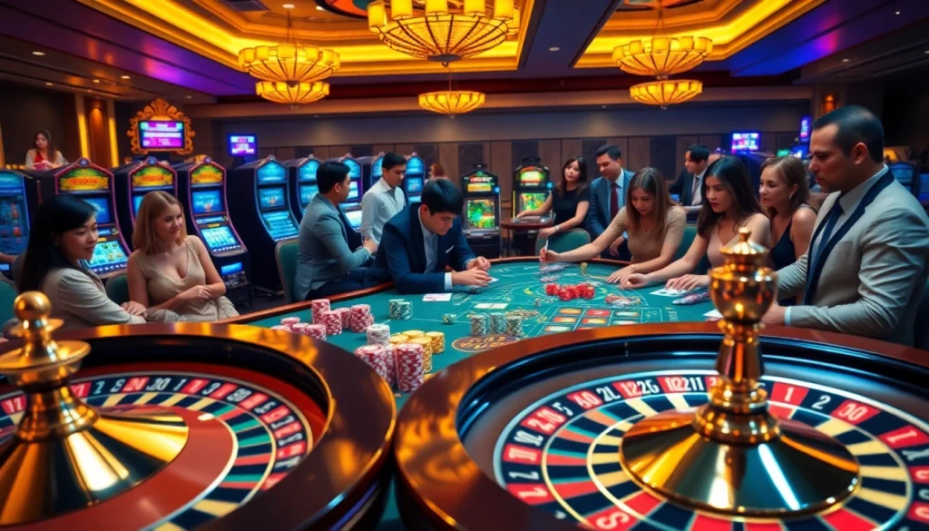 An engaging casino scene at 68win .com with players enjoying a poker game and colorful chips.