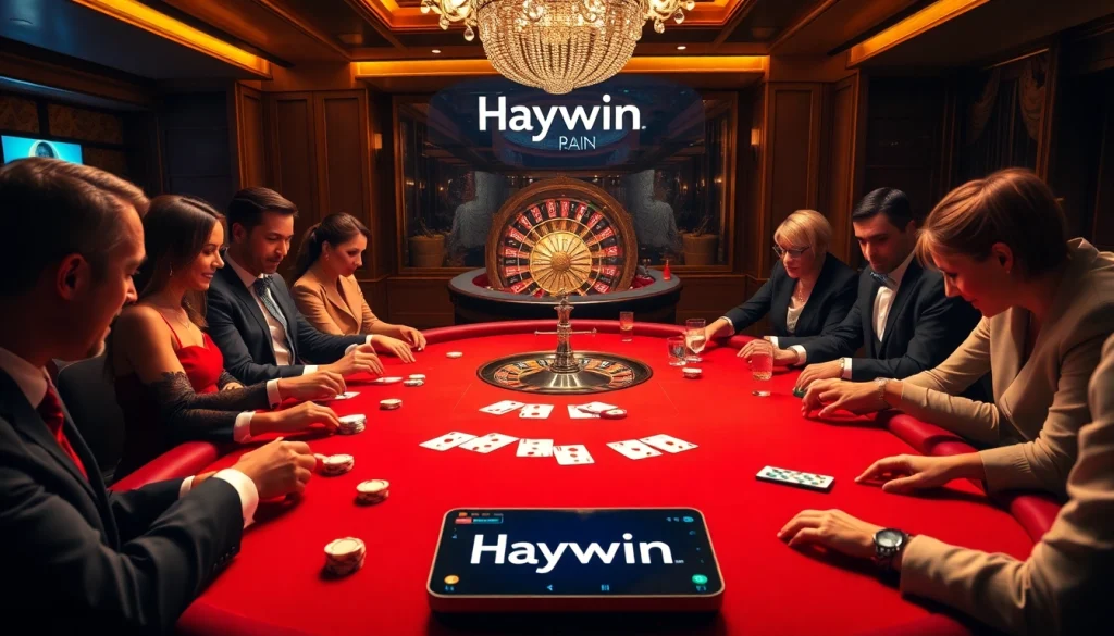 Experience high-stakes poker at Haywin's luxurious casino table with vibrant chips and elegant players.