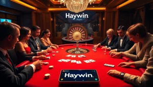Experience high-stakes poker at Haywin's luxurious casino table with vibrant chips and elegant players.