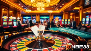 Players enjoying exciting games at ONBET88, showcasing vibrant roulette and poker tables.