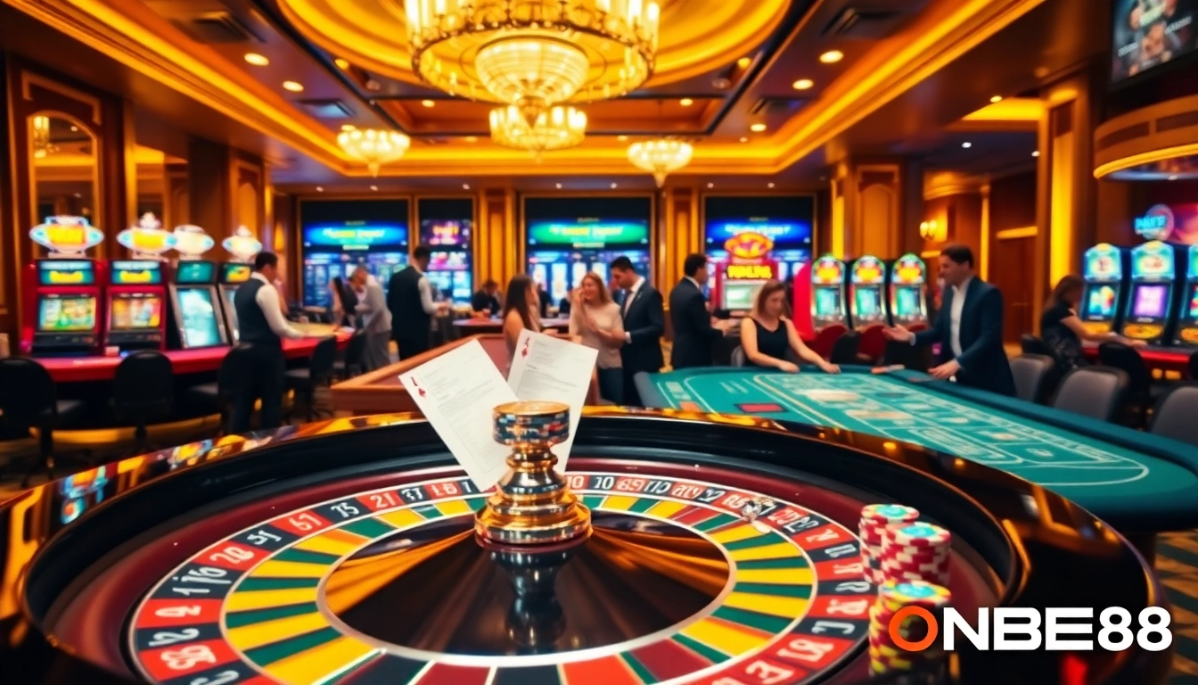 Players enjoying exciting games at ONBET88, showcasing vibrant roulette and poker tables.