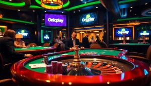 Players strategizing in a high-stakes casino scene featuring Onicplay gaming elements.