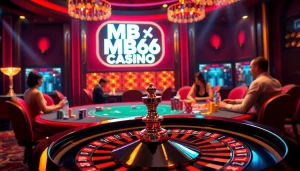 Engage with top bets at MB66 Casino's luxurious poker table surrounded by vibrant excitement.