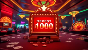 Adegan seru yang menampilkan mesin Slot Deposit 1000 di antara elemen kasino yang penuh warna, merayakan kemenangan dan taruhan.