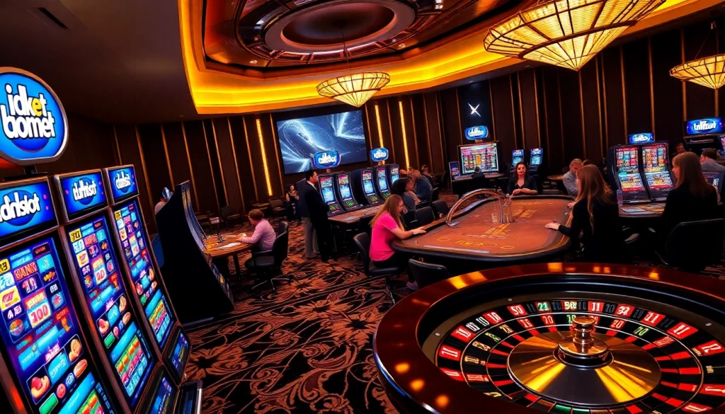 Experience the excitement of idnslot with vibrant slot machines and enthusiastic players in a glamorous casino setting.