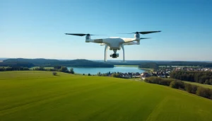 Drohnenaufnahmen Brandenburg mit atemberaubender Landschaft und klarer Sicht auf Felder und Seen.