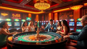 Gamblers enjoying a thrilling roulette game at TV88 online casino, showcasing vibrant atmosphere and excitement.