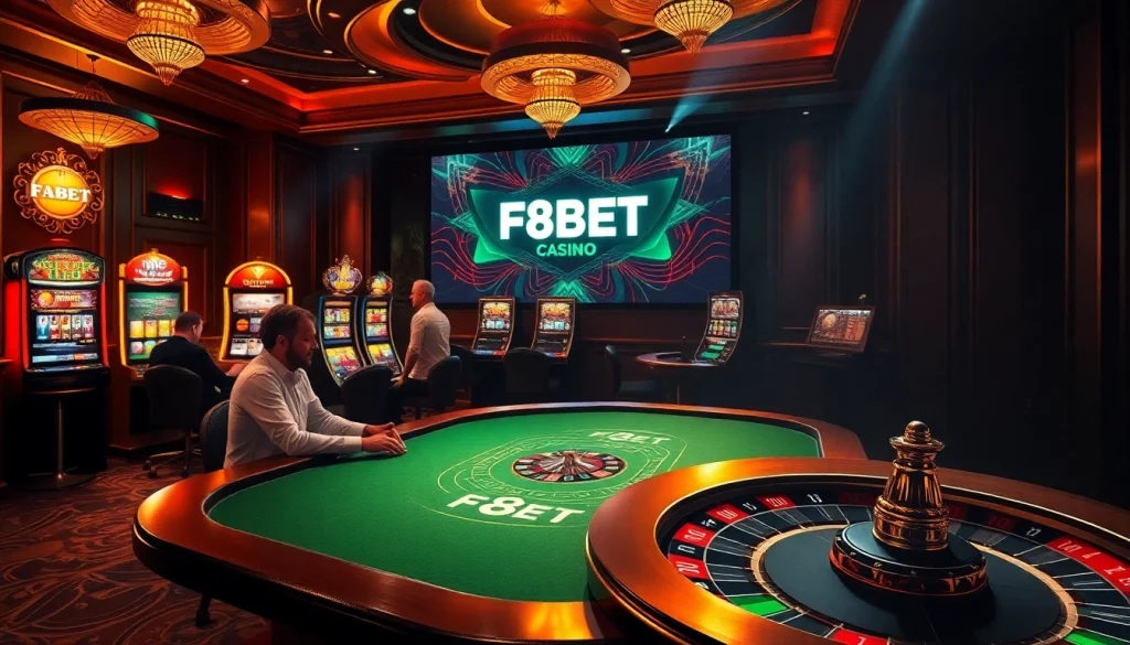 Engaging scene at https://f8bet.dental showcasing poker, slot machines, and roulette in a luxurious casino environment.