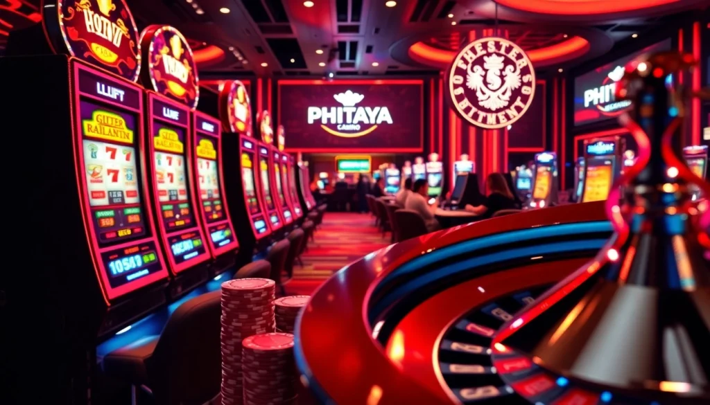 PHTAYA online casino scene showcasing vibrant slot machines and poker chips.