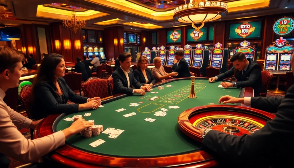 Engage with thrilling games at https://lc88.supply/ showcasing a luxurious casino atmosphere with poker tables and slot machines.