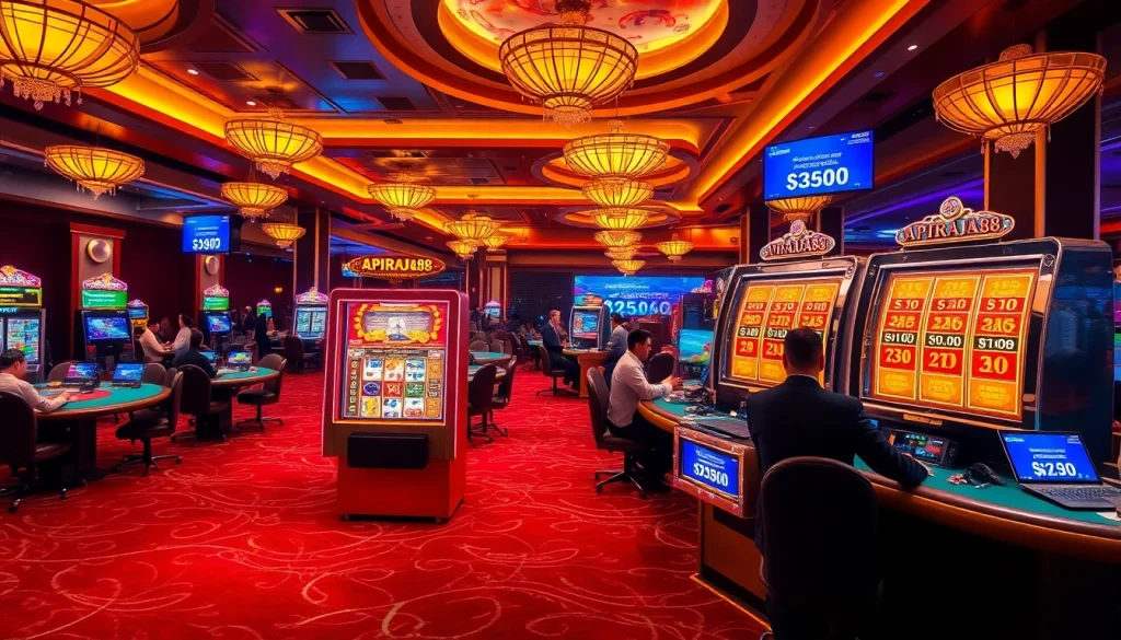 Engaging players spinning the APIRAJA88 slot online, surrounded by a vibrant casino atmosphere.