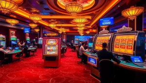 Engaging players spinning the APIRAJA88 slot online, surrounded by a vibrant casino atmosphere.