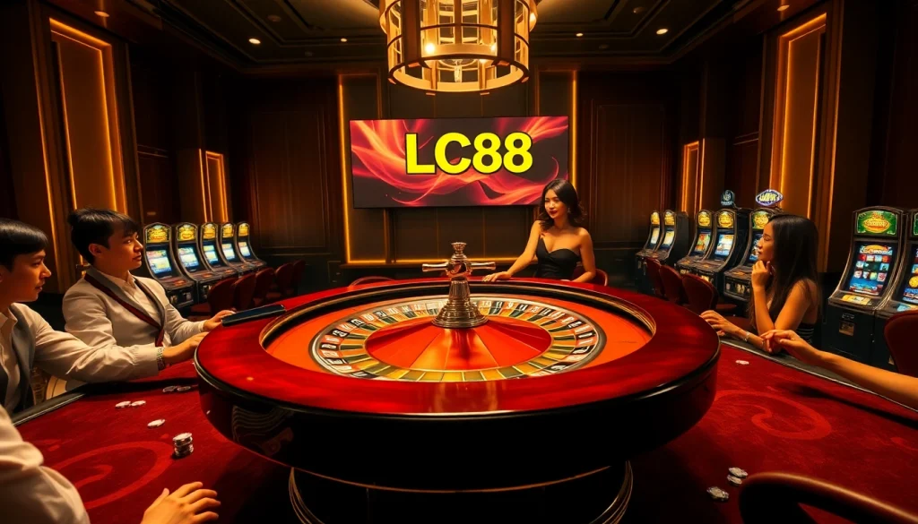 Players placing bets at an LC88 roulette table in a luxurious casino atmosphere.