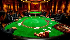 Players engage in a thrilling poker game featuring 88t-themed chips and cards in a lavish casino setting.