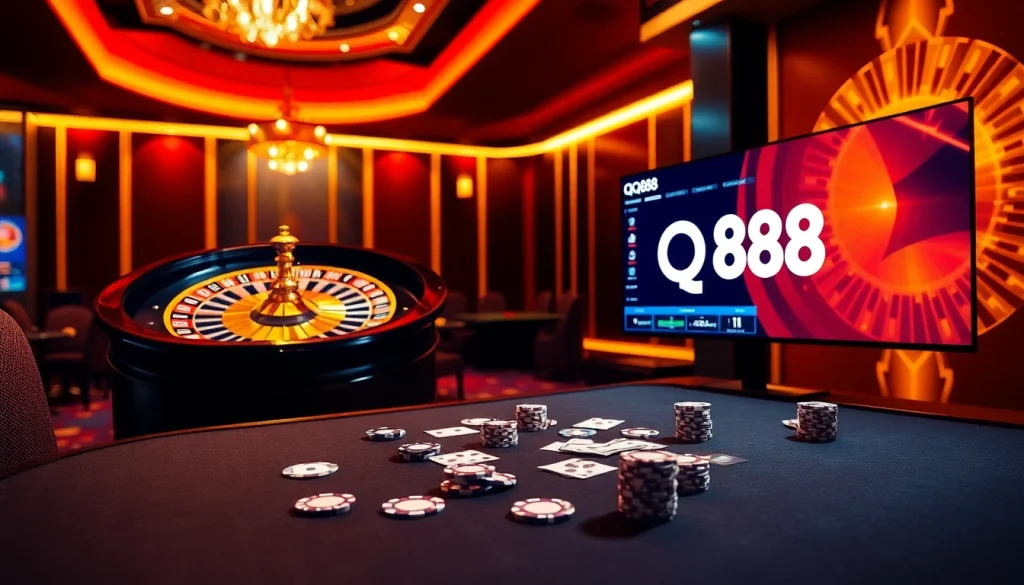 Engaging QQ88 casino scene featuring vibrant gaming tables and live action gaming.