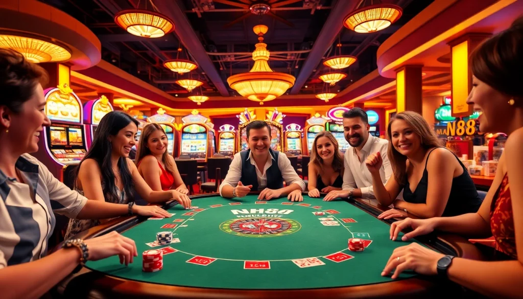 Players enjoying high-stakes gaming at a lavish casino table showcasing nh88 excitement