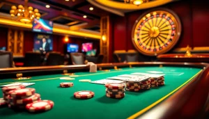 IWIN casino scene showcasing high-stakes poker with vibrant roulette wheel, inviting gamblers to play.