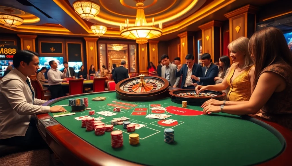 A thrilling scene at nhà cái mm88 showcasing an elegant casino setup with poker chips, playing cards, and a roulette wheel.