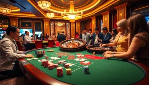 A thrilling scene at nhà cái mm88 showcasing an elegant casino setup with poker chips, playing cards, and a roulette wheel.
