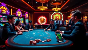 MM88 players enjoying an exciting poker game at a vibrant casino table.