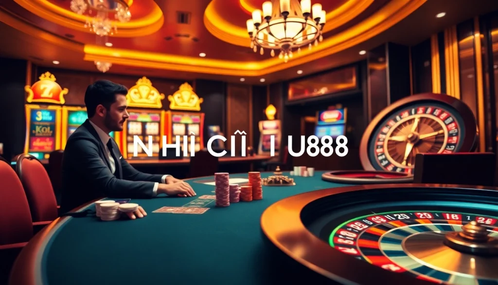 Engaging gambling scene at a NHÀ CÁI UU88 casino table with poker cards and chips.