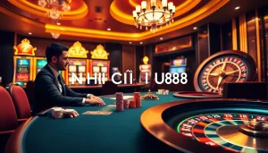 Engaging gambling scene at a NHÀ CÁI UU88 casino table with poker cards and chips.