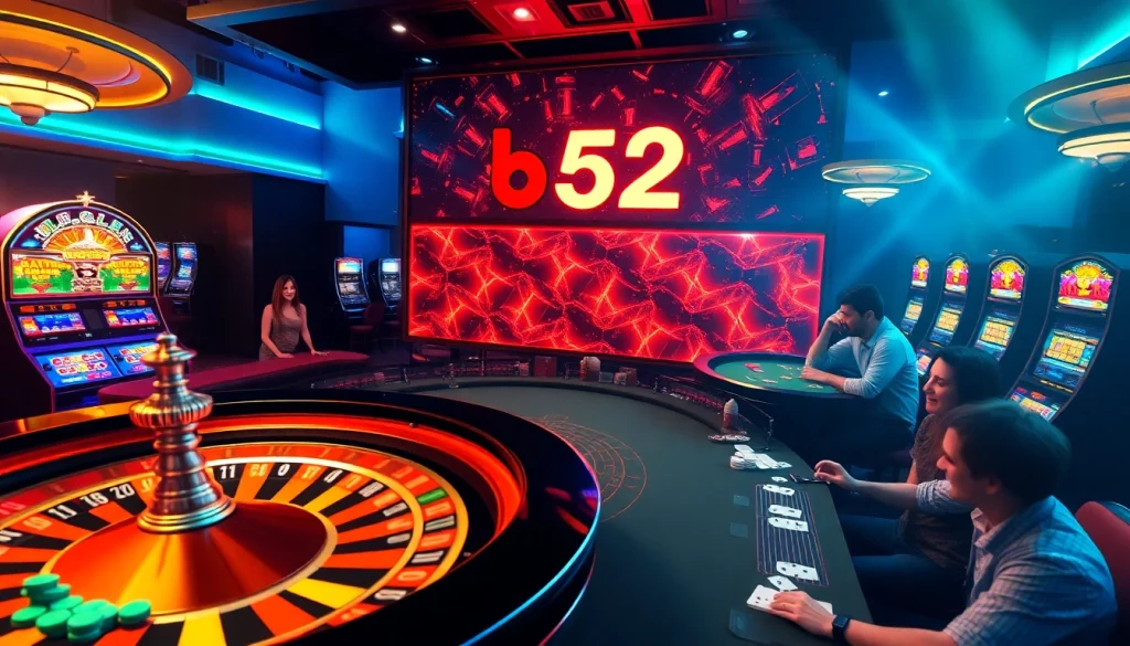 Players enjoying casino games at b52club with vibrant tables and slot machines.