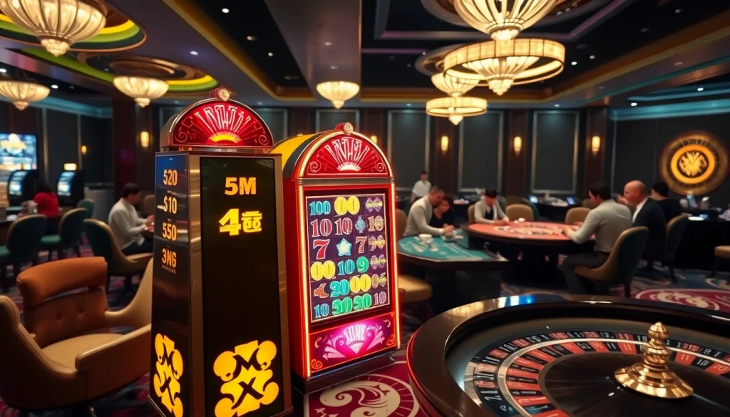 Exciting nổ hũ slot machine in a luxurious casino ambiance with vibrant lights and active players.