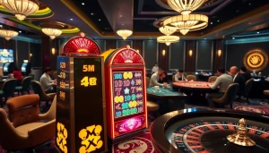 Exciting nổ hũ slot machine in a luxurious casino ambiance with vibrant lights and active players.
