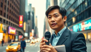 Engaging news coverage by Usa Today reporter in a vibrant city setting.