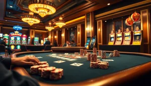 OKKING players enjoying a thrilling game at a vibrant casino table with colorful poker chips.