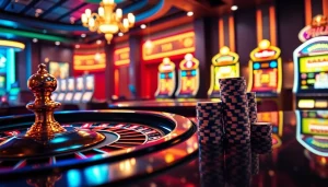 Engaging casino scene with f168 okvip logo, vibrant roulette wheel and poker chips.