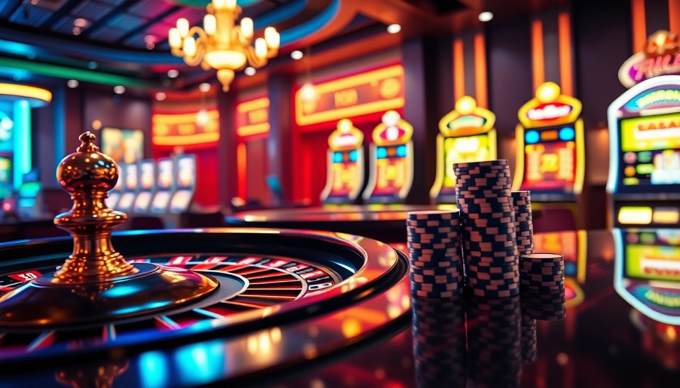 Engaging casino scene with f168 okvip logo, vibrant roulette wheel and poker chips.