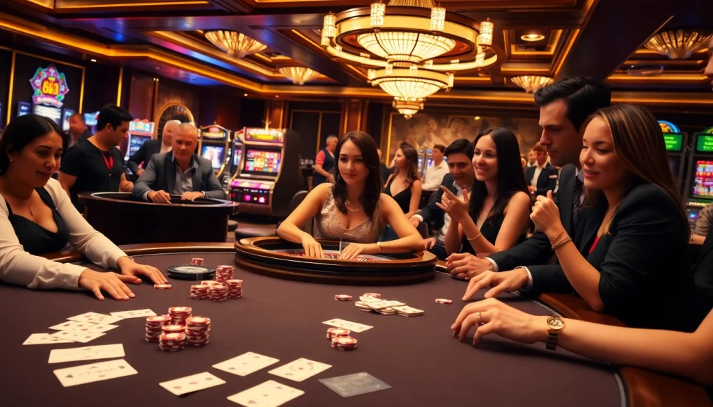 Engaging scene at 68VIP casino with players enjoying poker and a spinning roulette wheel.